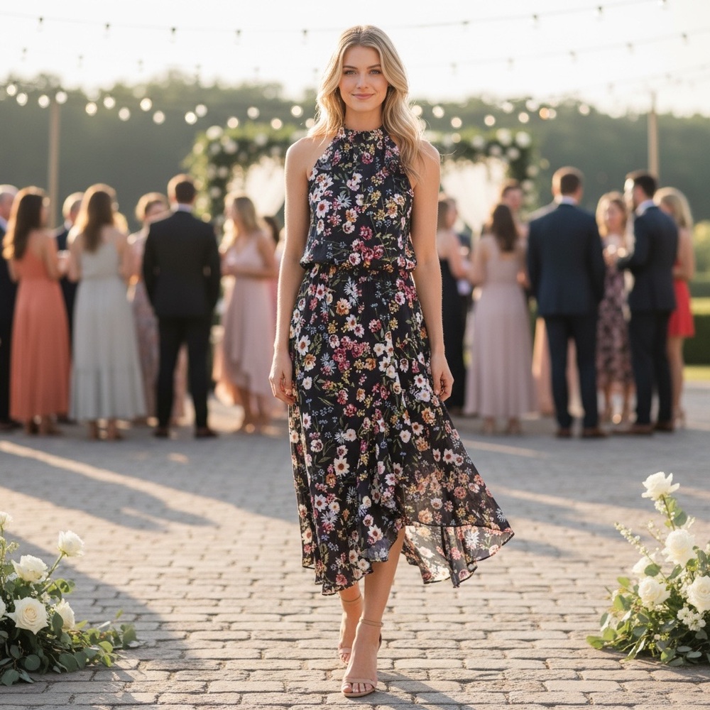NWT Parker Women’s Black Floral Halter Asymmetrical Midi Dress Summer Wedding
